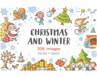 Pacchetto di clipart natalizie e invernali. Set di clipart natalizie per bambini, illustrazioni digitali per bambini.