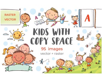 Pacchetto di clipart di bambini in stile cartone animato. Bambini con cartelli, bambini con striscioni. Set di clipart con cornice.