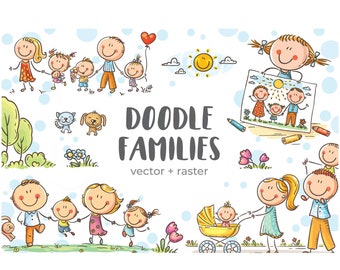 Doodle families clipart bundle. Happy cartoon family clipart, vector illustration, stick figure, cute characters