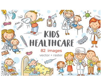 Pacchetto di clipart sulla salute dei bambini. Illustrazione del medico di famiglia.