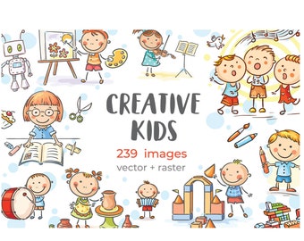 Pacchetto di clipart creative per bambini, grafica in stile doodle e cartoon (PNG, SVG, EPS)