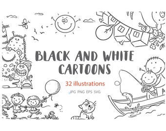 Clipart di bambini in bianco e nero in stile cartone animato. Pacchetto di bambini stilizzati e disegnati a mano. Illustrazione vettoriale di famiglia e bambini in stile line art. Download digitale.
