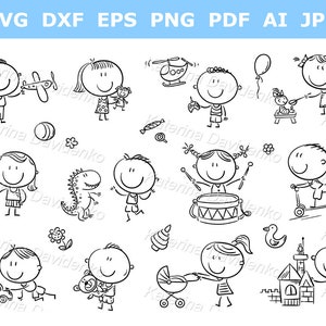 Niños de dibujos animados jugando con juguetes, clipart. Figura de palo. Clipart en blanco y negro. Niños con juguetes, ilustraciones vectoriales
