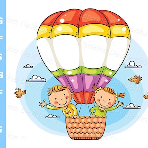 Happy cartoon kids clipart. Children travelling by air with copy space across the balloon. Kids in a hot air balloon. Hand drawn clipart