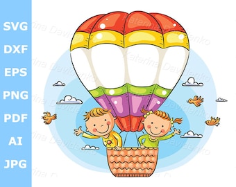 Happy kids clipart. Cartoon boy and girl travelling by air with copy space across the balloon. Children banner clipart, png svg picture