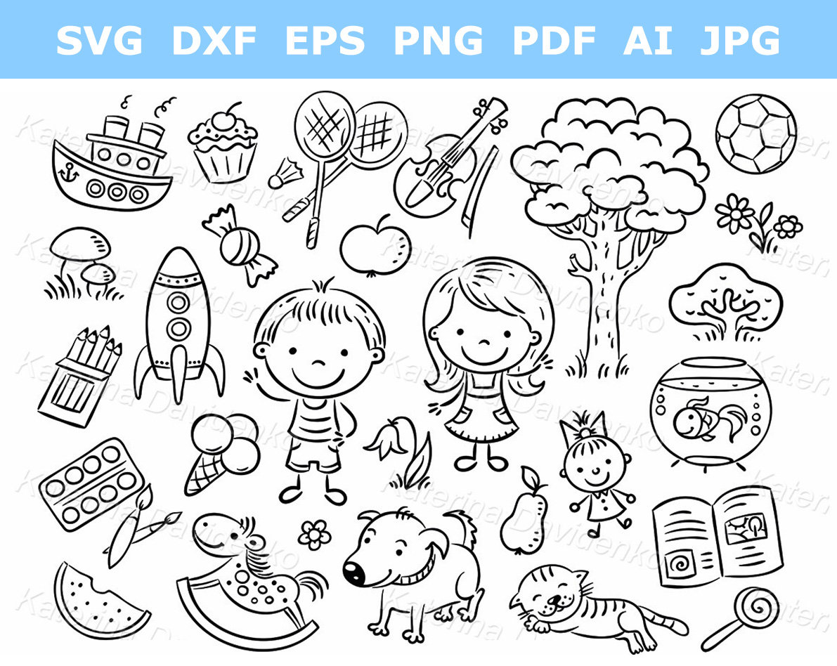 Doodle Kids Outline Clipart Set of Objects Including Pets, Toys
