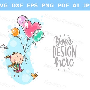 Cartoon illustration for birthday tags. Cute little girl with balloons. Doodle kids art