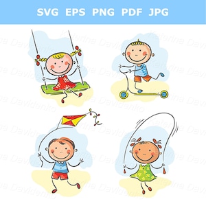 Doodle kids clipart. Happy cartoon kids summer outdoor activities clipart. Children playing outdoor PNG SVG illustration