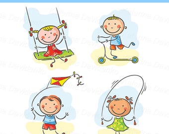 Doodle kids clipart. Happy cartoon kids summer outdoor activities clipart. Children playing outdoor PNG SVG illustration