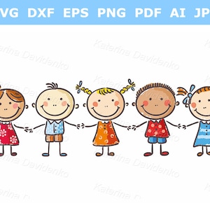 Kids clipart. Five little kids holding hands. Separate transparent PNG and SVG files