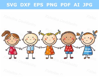 Kids clipart. Five little kids holding hands. Separate transparent PNG and SVG files