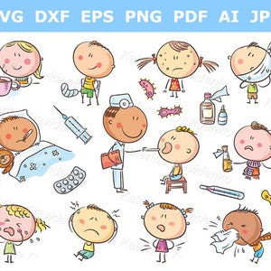 Conjunto de ilustraciones de enfermedades. Niños enfermos con diferentes síntomas. Imágenes prediseñadas de atención médica. Imágenes prediseñadas de niños y médicos. Imágenes prediseñadas de niños de dibujos animados