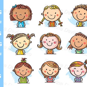 Handgetekende cartoon kinderen gezichten clipart set. Doodle meisjesportretten. Vectorillustratie gelukkige kinderen
