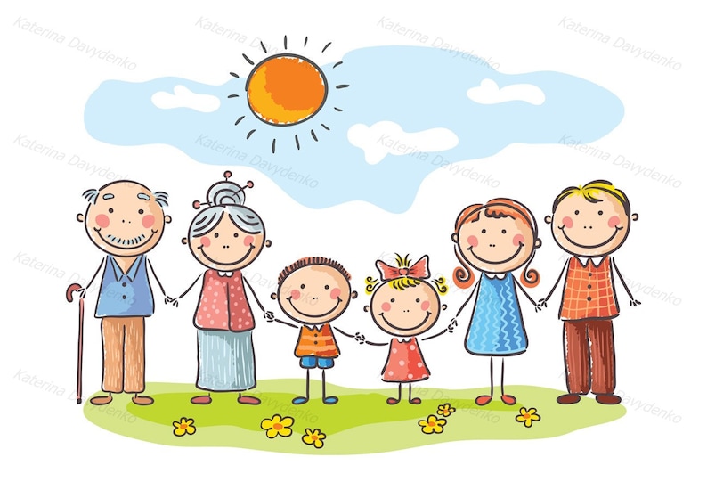 Dessin Famille 4 Personnes De Dos Glückliche Familie mit zwei Kindern und Großeltern. Familie | Etsy