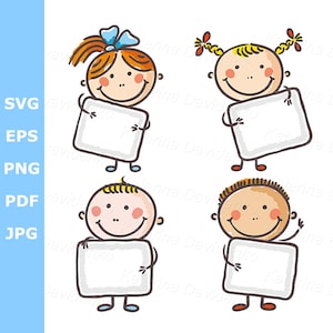 Niños de dibujos animados con carteles en blanco. Figura de palo. Niños sosteniendo una pancarta, niño y niña con un cartel en blanco, marco de cartel para niños, niños de pie