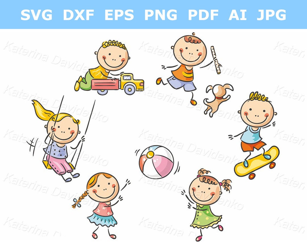 Happy Cartoon Doodle Kids Playing Outdoors Children - Etsy Hong Kong