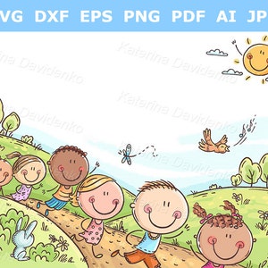 Clipart de niños felices de dibujos animados. Niños corriendo al aire libre en un día de verano, pancarta infantil.