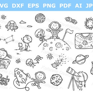 Conjunto de imágenes prediseñadas infantiles de dibujos animados. Espacio y astronautas. Imágenes prediseñadas educativas. Imágenes de astronomía, ilustraciones en blanco y negro.