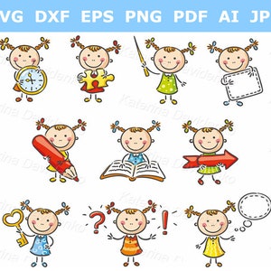 Cartoon kid clipart set. Doodle little girl with different objects and signs clipart set. Child with clock, kid with book image 1