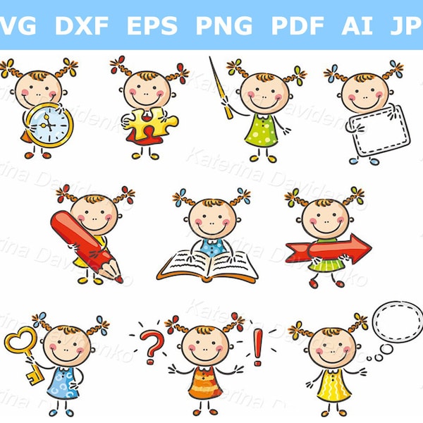 Cartoon little girl with different objects and signs clipart set. School Kids with clock, Children with book PNG, school svg clipart set