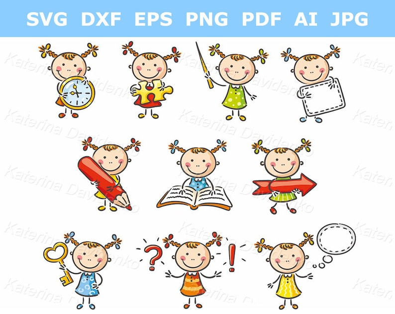 Cartoon kid clipart set. Doodle little girl with different objects and signs clipart set. Child with clock, kid with book image 1