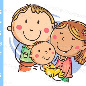 Familia feliz con bebé recién nacido. Dibujos animados de padres abrazando a un bebé. Dibujo de garabato, madre y padre abrazan a un niño, ilustración dibujada a mano