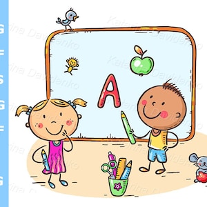 Dibujos de niños de la escuela escribiendo en una pizarra. Clipart de niños aprendiendo letras