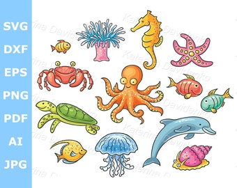 Ozean Tiere Clipart Set. Meeresbewohner Cartoon. Illustration mit Meereslebewesen. Clipart für Kinder. Kindergrafiken. Delphin Oktopus Clipart
