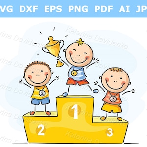 Niños felices de dibujos animados y deporte. Podio de ganadores para niños. Niños atléticos en pedestal con copa de trofeo. Clipart de niños con garabatos