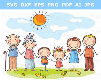 Doodle cartoon family clipart. Parents with two children and grandparents standing outdoors. Happy family clip art