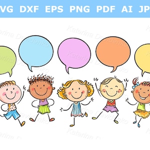 Niños felices haciendo garabatos en fila con globos de diálogo. Figuras de palitos, niños de dibujos animados, imágenes prediseñadas de niños pequeños adorables