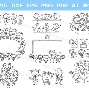 Set of black and white schoolkids clipart. Outline school kids and teacher clipart. Back to school Print-ready high resolution SVG PNG file