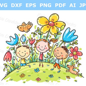 Spring Garden. Cute children and flowers scene for wall art, kids book. Cartoon doodle kids on flowering hill