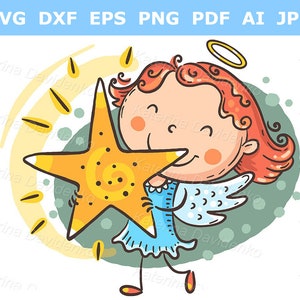 Doodle cartoon little girl in an angel costume holding a star. Kid angel clipart