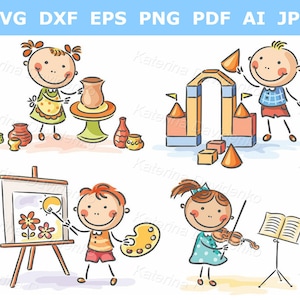 Kids creative activities clipart set. Happy cartoon kids vector illustration, children activity clipart. Digital download