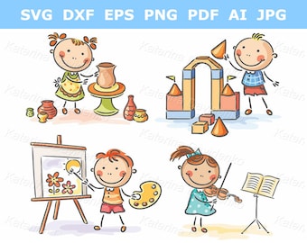 Kids creative activities clipart set. Happy cartoon kids vector illustration, children activity clipart. Digital download
