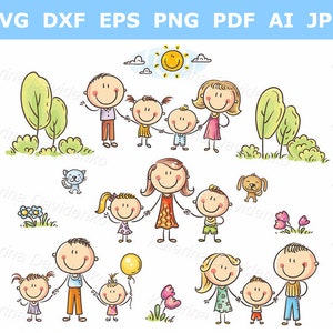Conjunto de imágenes prediseñadas de familias de dibujos animados felices con niños