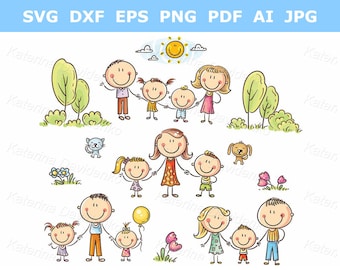 Happy cartoon families with children clipart set