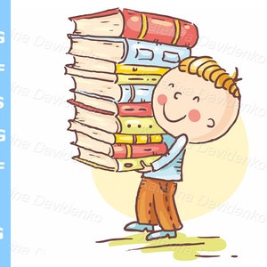 Lindo niño de dibujos animados que lleva muchos libros. Clipart de niño y libro. Descarga digital.