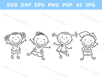 Stick figure Kids dancing or jumping Doodle kids clipart Outline children vector illustration Digital download