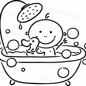 May include: A black and white line drawing of a baby in a bathtub with a rubber ducky. The baby is smiling and has bubbles around them. There is a shower head above the bathtub.