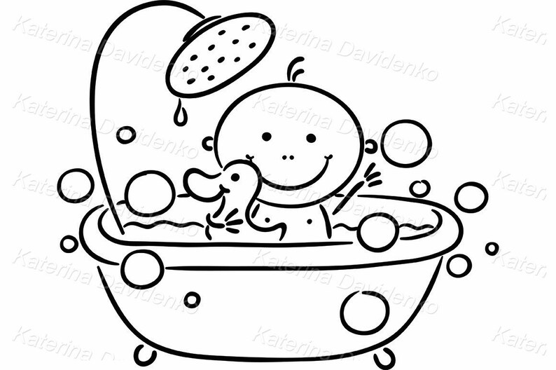 May include: A black and white line drawing of a baby in a bathtub with a rubber ducky. The baby is smiling and has bubbles around them. There is a shower head above the bathtub.