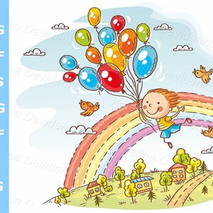 Clipart de feliz aniversário infantil. Clipart de criança de desenho animado voando com balões para etiquetas de aniversário, design para cartão de felicitações, para design de embalagens.
