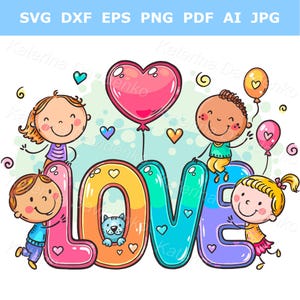Clipart del día del niño. Niños dibujados a mano con letras de amor. Ilustración vectorial. Niños de dibujos animados lindos con globos.