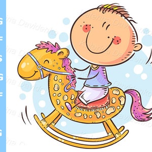 Kleines Cartoon Kind auf einem Spielzeugpferd reitend, Kind Clipart. Glücklicher Junge, der mit Spielzeug spielt. Digitaler Download