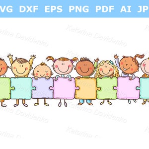 Cartoon happy kids standing in a row with puzzle tiles with a copy space to insert text. Funny children clipart. Preschooler illustration