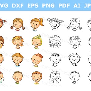 Cartoon kids emotions clipart. Hand drawn children face clipart set, boys and girls with various emotions