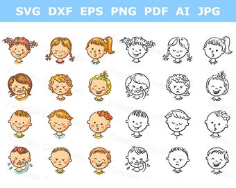 Cartoon kids emotions clipart. Hand drawn children face clipart set, boys and girls with various emotions