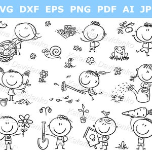 Dibujo animado de niños haciendo jardinería. Dibujo infantil de contorno, figura de palo. Conjunto de ilustraciones vectoriales en blanco y negro