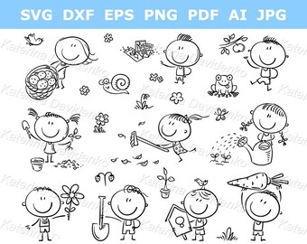 Doodle cartoon kids gardening clipart. Outline children clipart, stick figure. Black and white vector illustration set